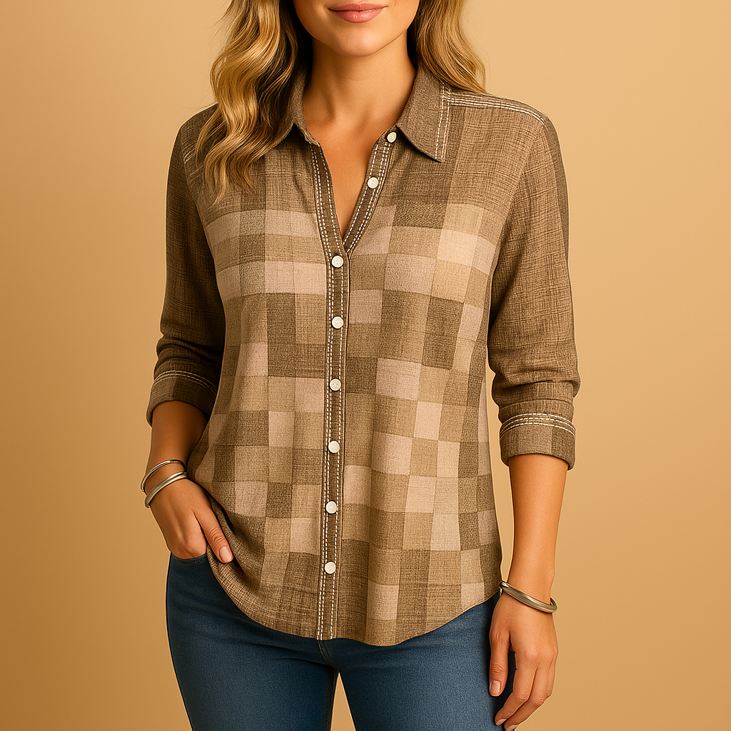 Women’s checkered blouse with relaxed fit and elegant plaid pattern, perfect for casual or semi-formal occasions.