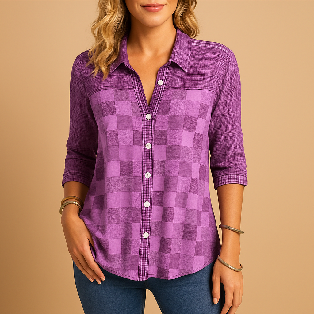 Women’s checkered blouse with relaxed fit and elegant plaid pattern, perfect for casual or semi-formal occasions.