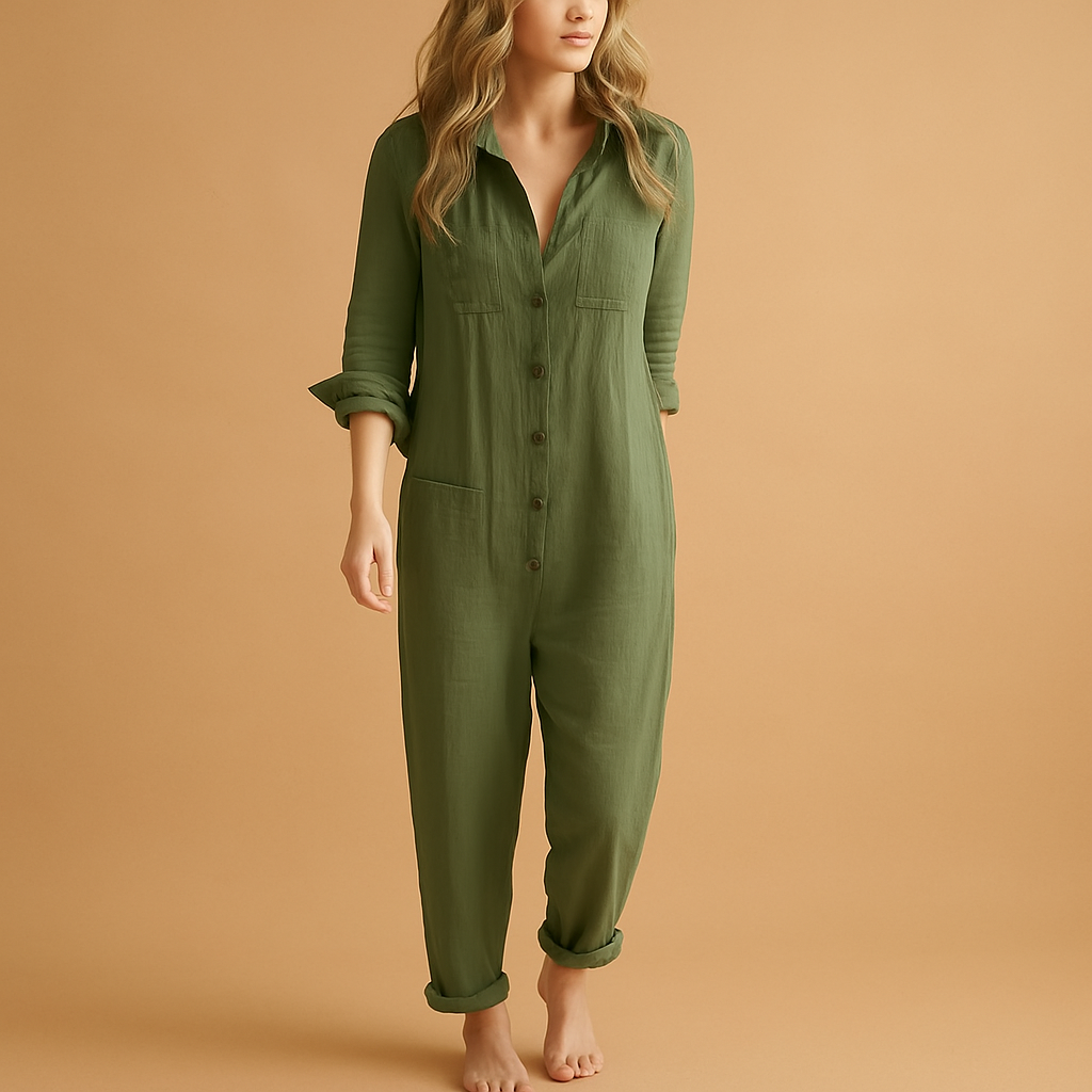 Women’s chic polo collar jumpsuit with tailored fit, single-breasted front, and pencil-leg design. Available in pink, green, and blue for elegant daily wear.