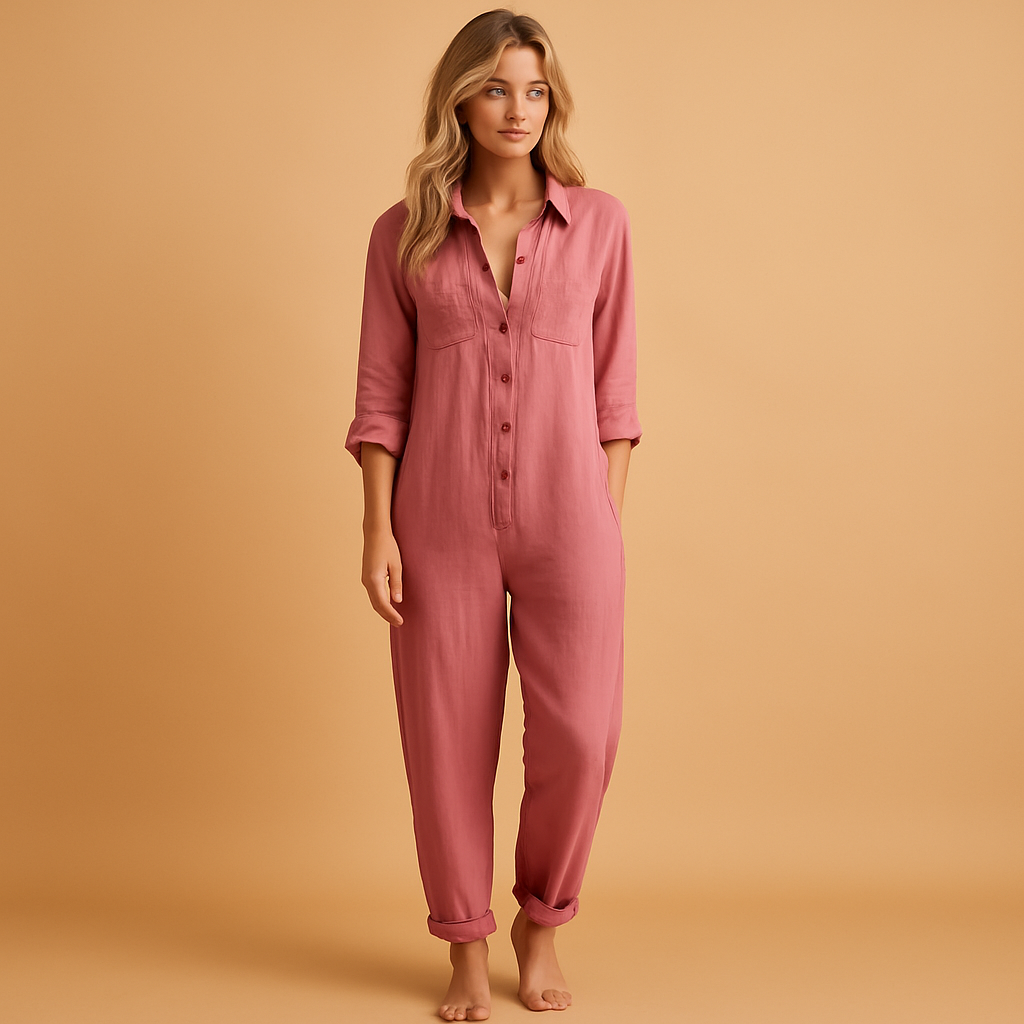 Women’s chic polo collar jumpsuit with tailored fit, single-breasted front, and pencil-leg design. Available in pink, green, and blue for elegant daily wear.