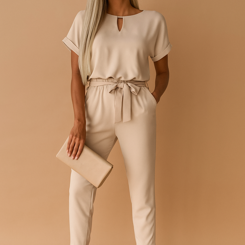 Women’s chic tailored jumpsuit with elegant fit, available in black, pink, khaki, and fuchsia pink. Perfect for business, formal dinners, or evening events.