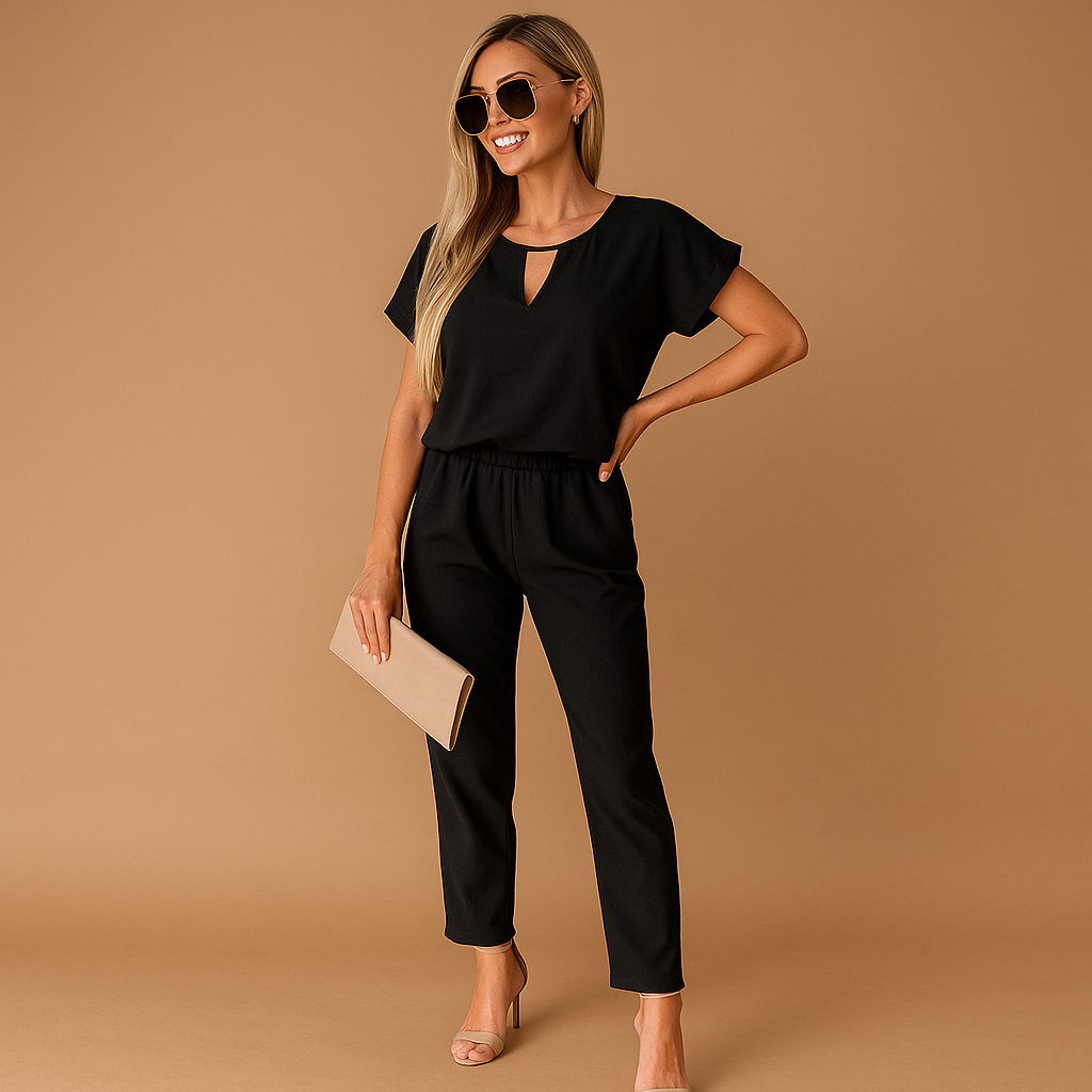 Women’s chic tailored jumpsuit with elegant fit, available in black, pink, khaki, and fuchsia pink. Perfect for business, formal dinners, or evening events.