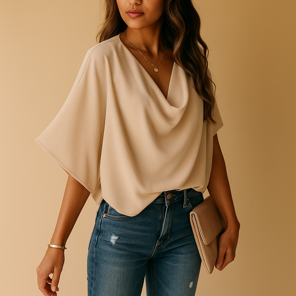 Women’s chiffon blouse with batwing sleeves and V-neckline, available in multiple colors, perfect for casual wear, work, or warm summer days.