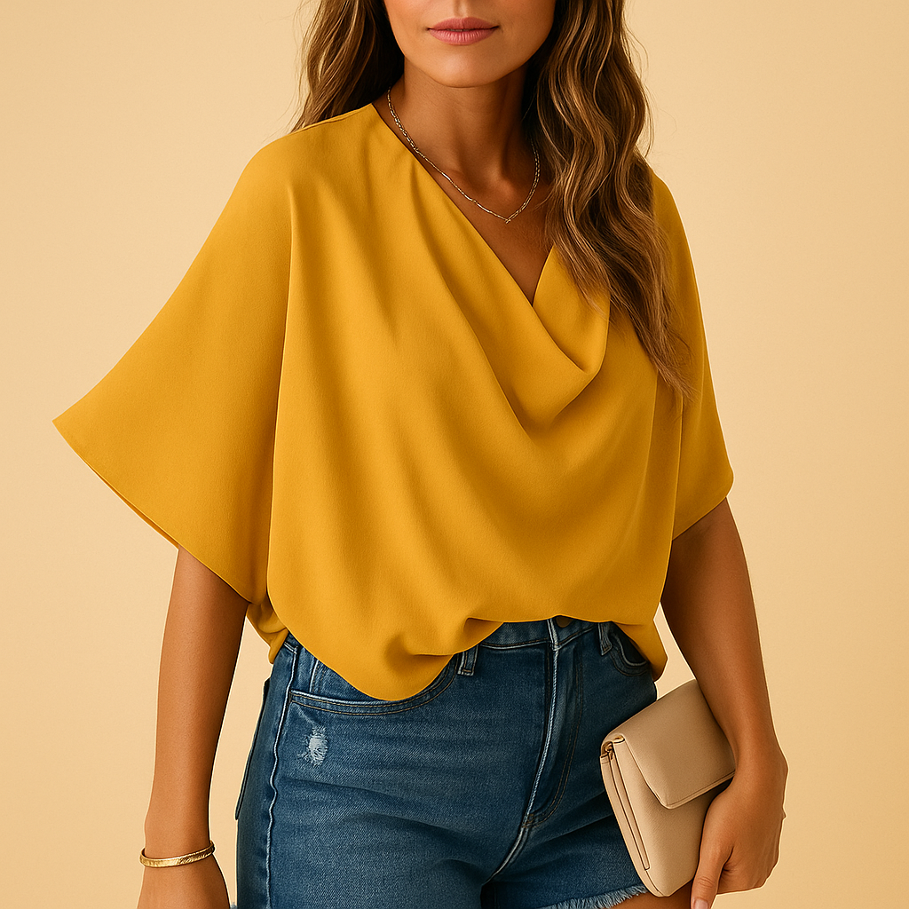 Women’s chiffon blouse with batwing sleeves and V-neckline, available in multiple colors, perfect for casual wear, work, or warm summer days.