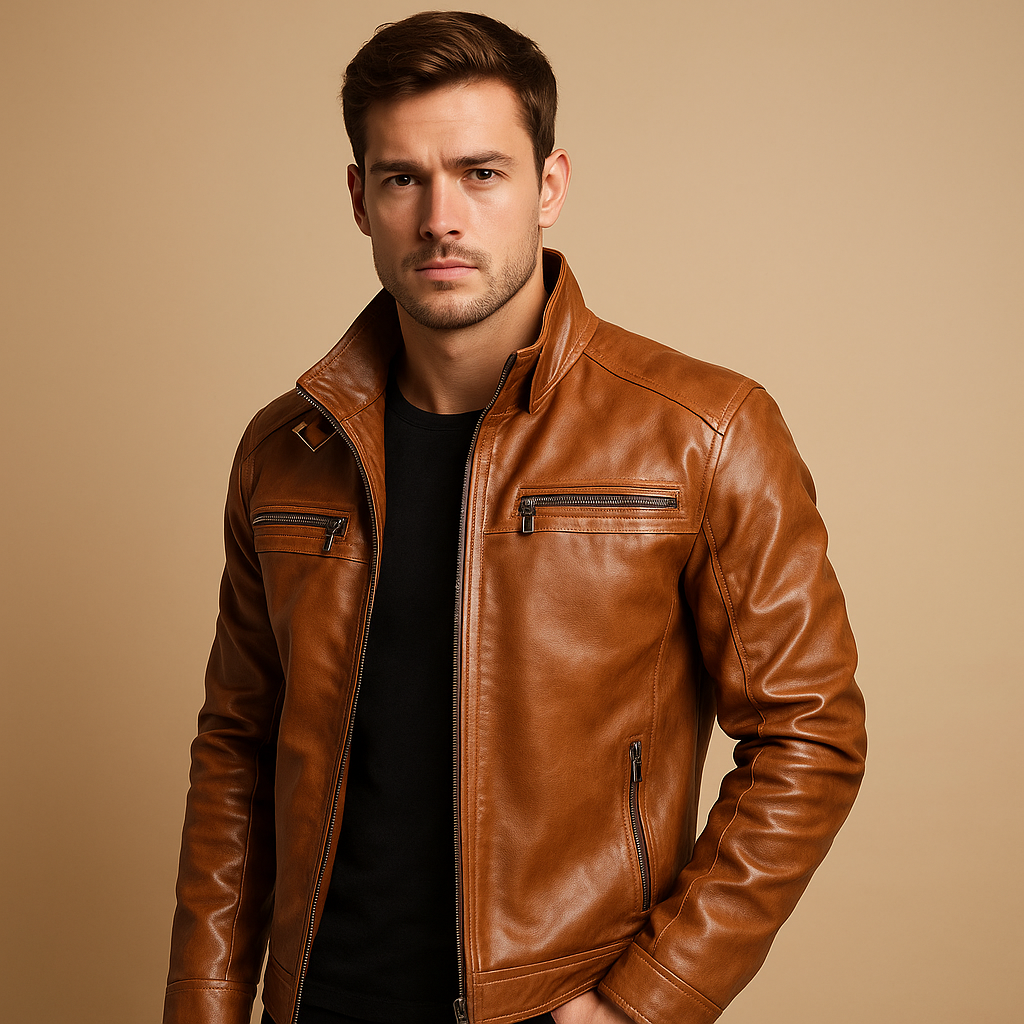 Men’s classic biker jacket with zipper details and shoulder accents, tailored fit, available in black and brown for everyday wear or motorcycle rides.