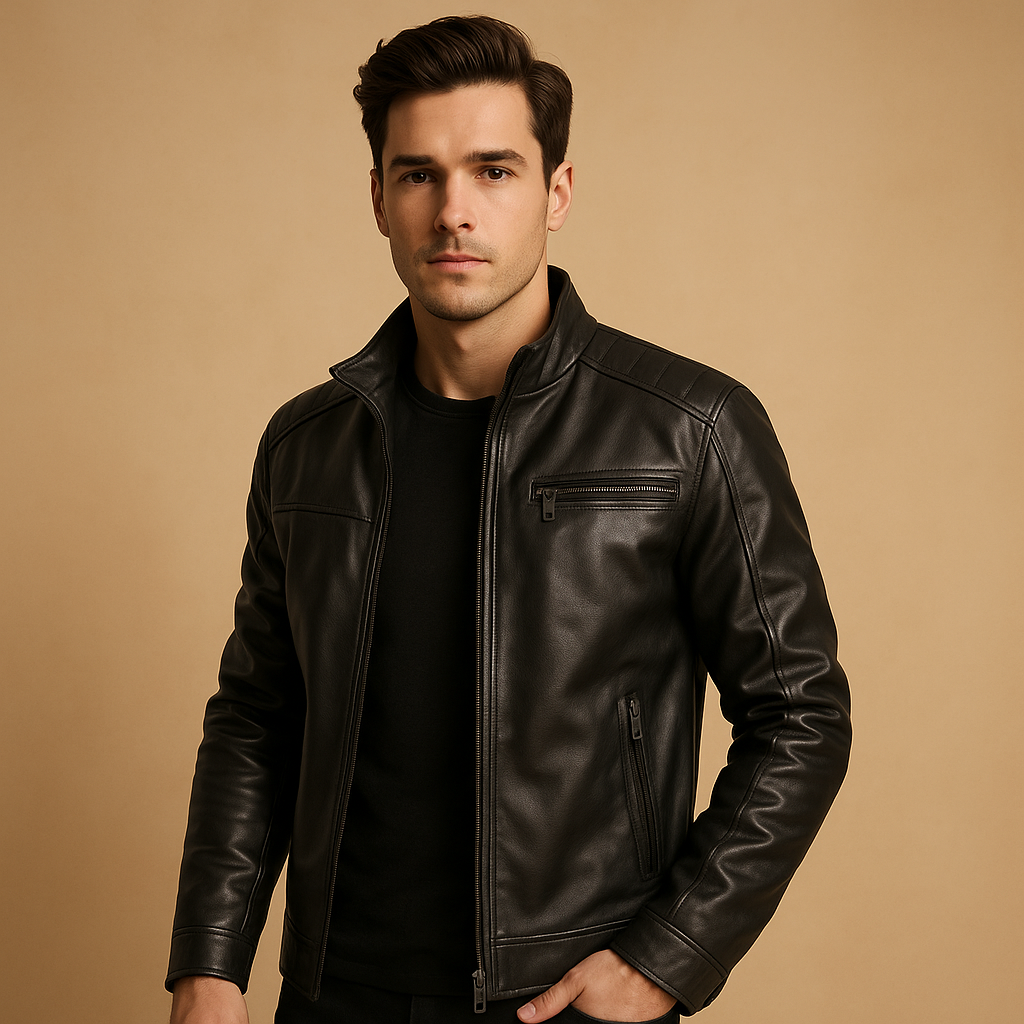 Men’s classic biker jacket with zipper details and shoulder accents, tailored fit, available in black and brown for everyday wear or motorcycle rides.