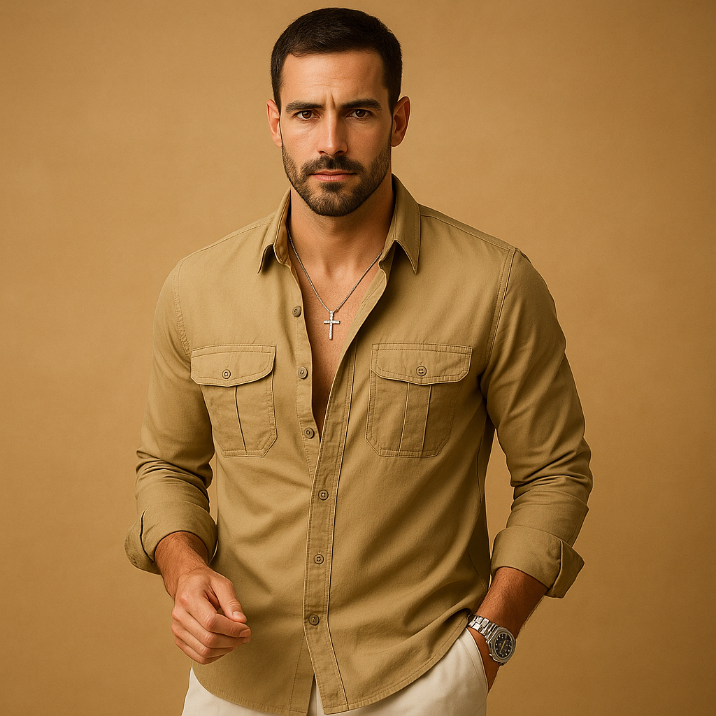 Men’s classic button down shirt Ethan with revere collar and chest pocket. A versatile shirt for work, casual days, and formal occasions.