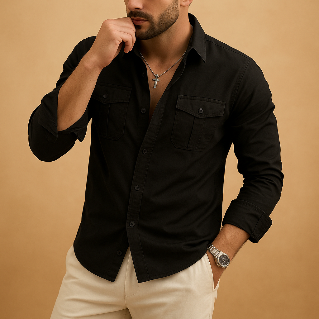 Men’s classic button down shirt Ethan with revere collar and chest pocket. A versatile shirt for work, casual days, and formal occasions.
