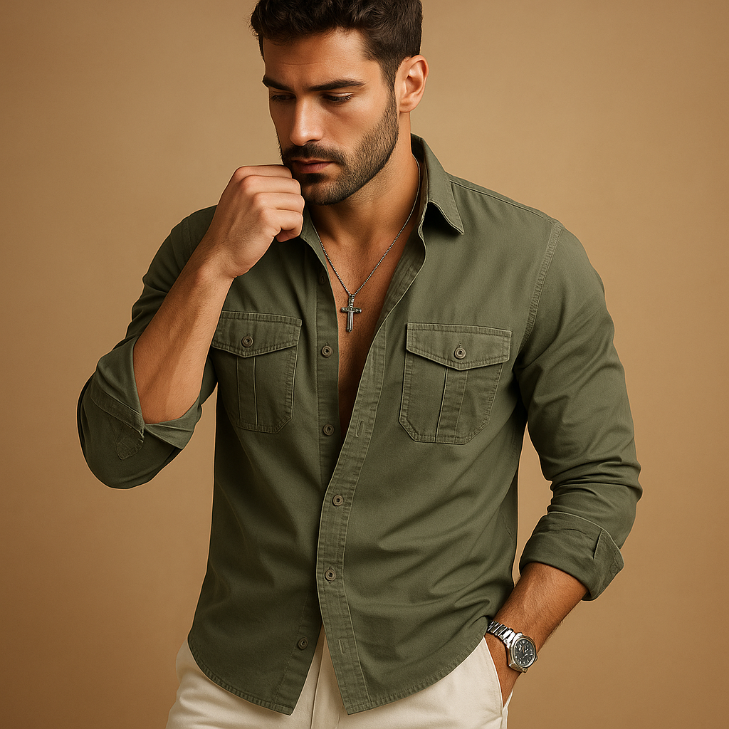 Men’s classic button down shirt Ethan with revere collar and chest pocket. A versatile shirt for work, casual days, and formal occasions.