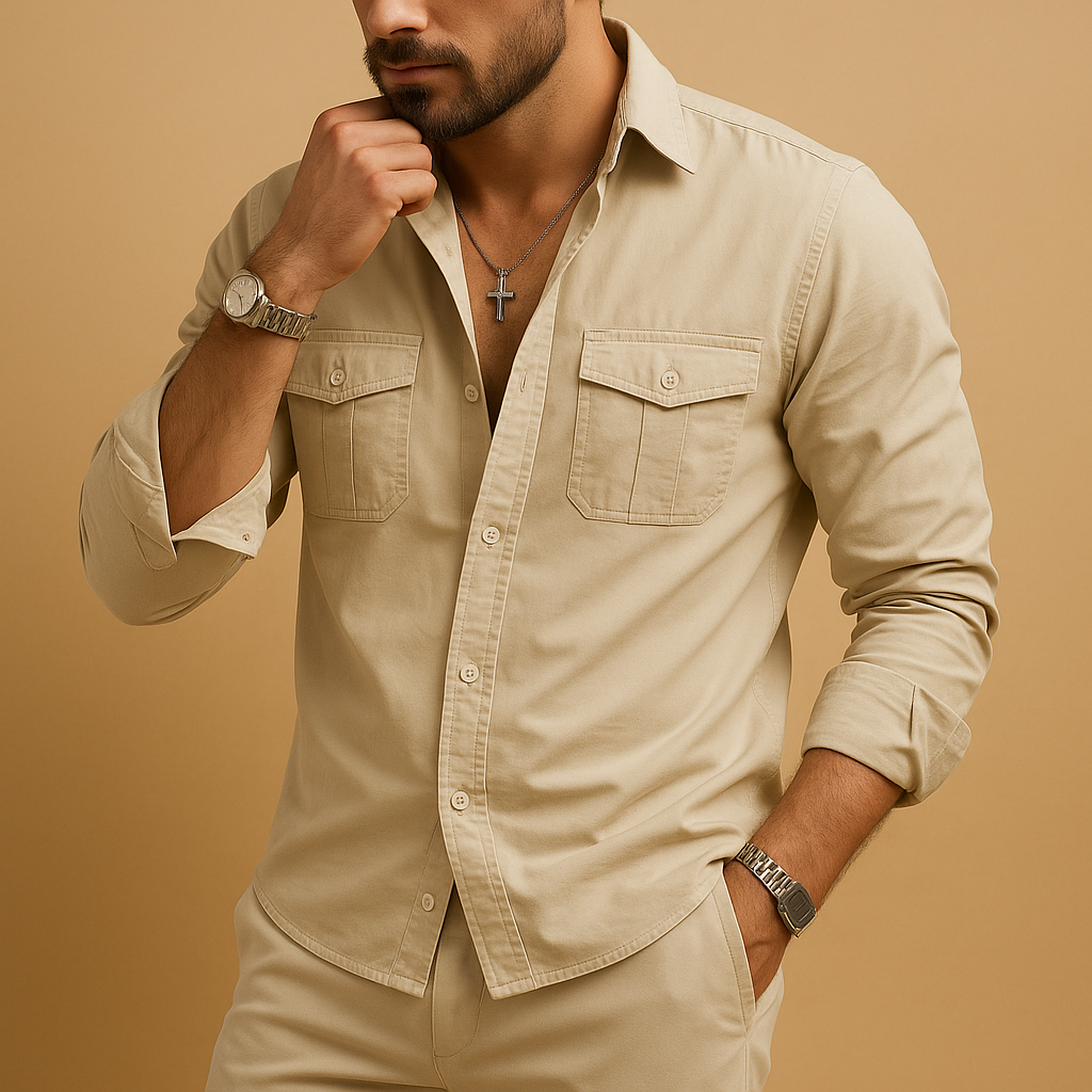 Men’s classic button down shirt Ethan with revere collar and chest pocket. A versatile shirt for work, casual days, and formal occasions.