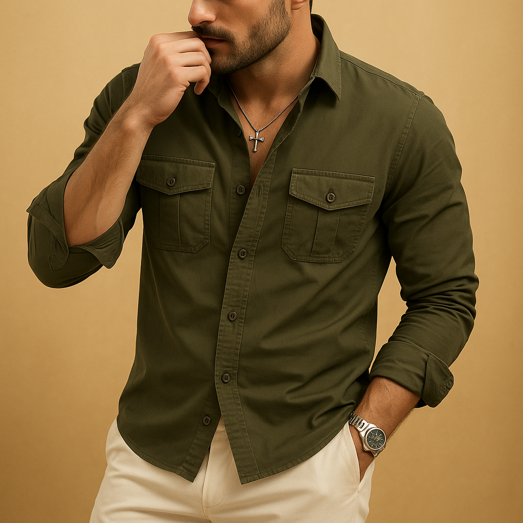 Men’s classic button down shirt Ethan with revere collar and chest pocket. A versatile shirt for work, casual days, and formal occasions.