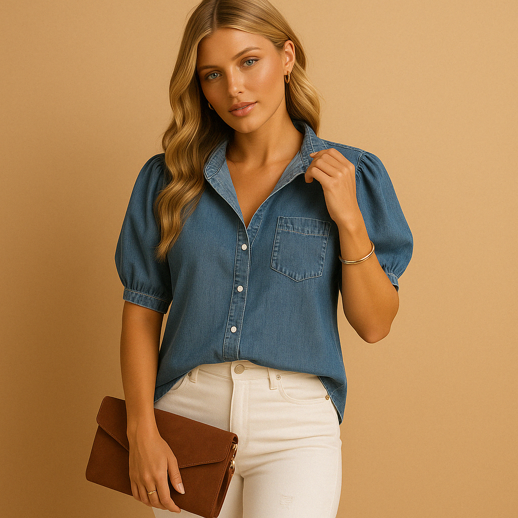 Women’s denim blouse in classic blue with button-down closure and tailored fit, ideal for casual and autumn outfits.