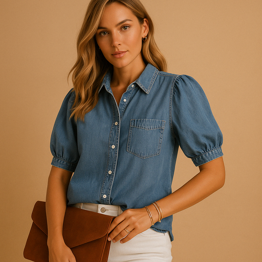 Women’s denim blouse in classic blue with button-down closure and tailored fit, ideal for casual and autumn outfits.