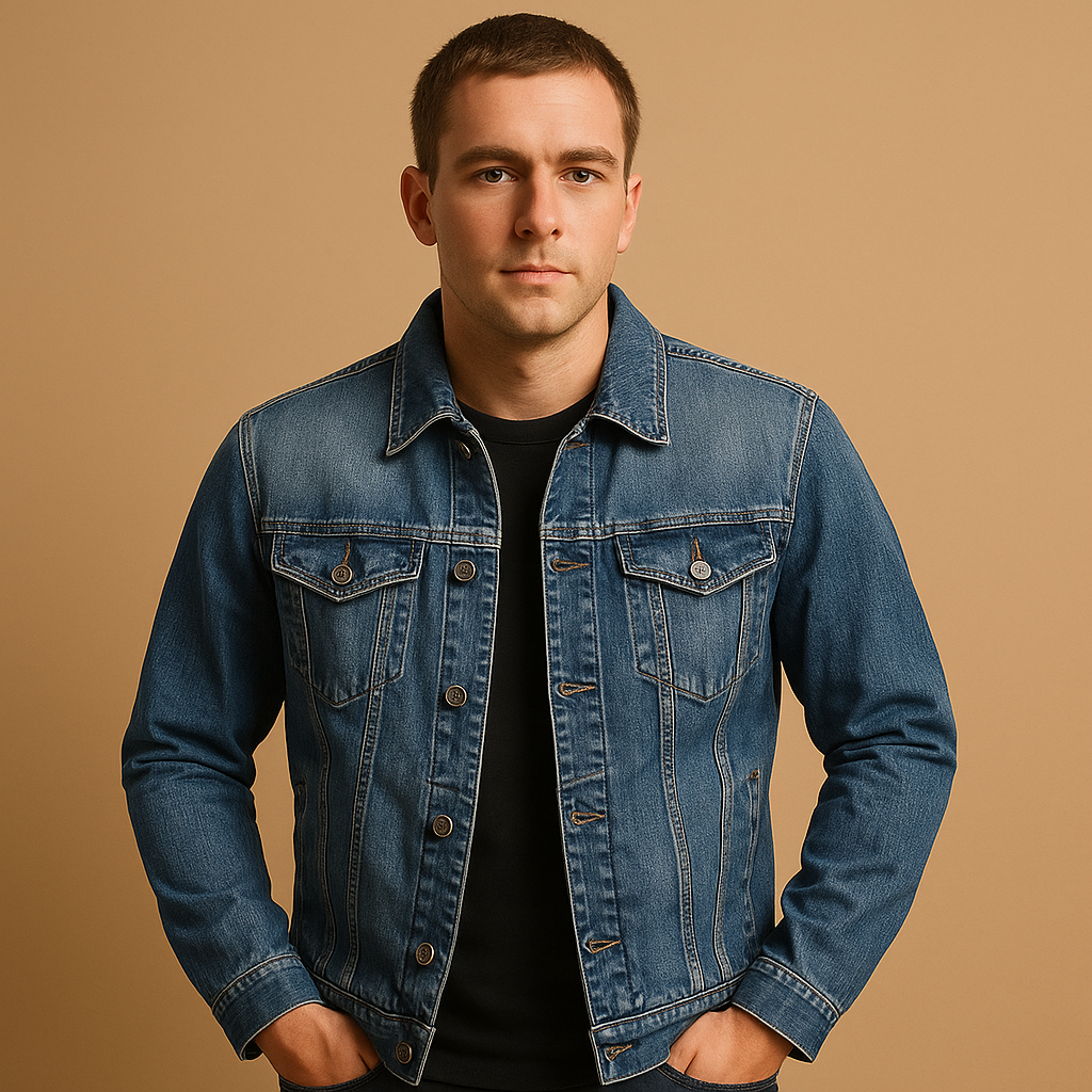 Men’s classic denim jacket in deep blue wash with timeless design and comfortable fit, perfect for casual outfits and everyday wear.