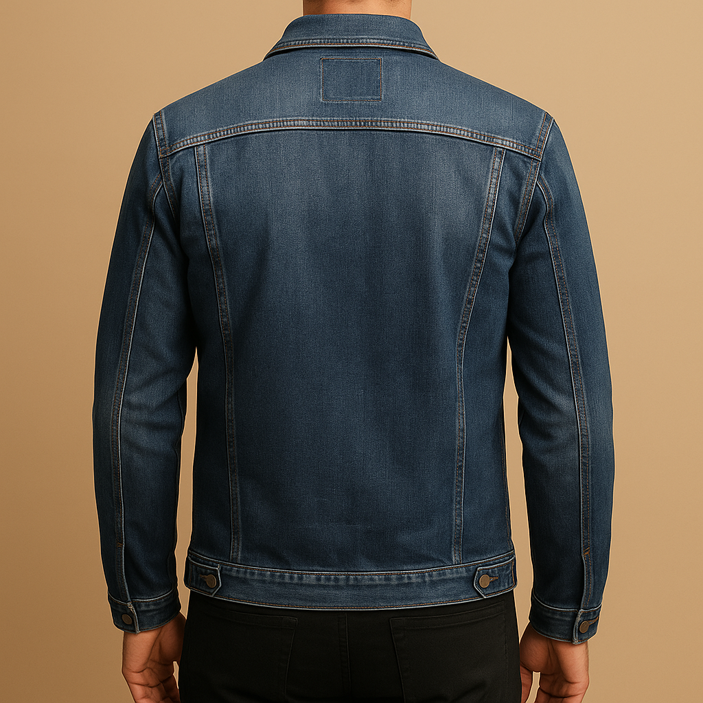 Men’s classic denim jacket in deep blue wash with timeless design and comfortable fit, perfect for casual outfits and everyday wear.