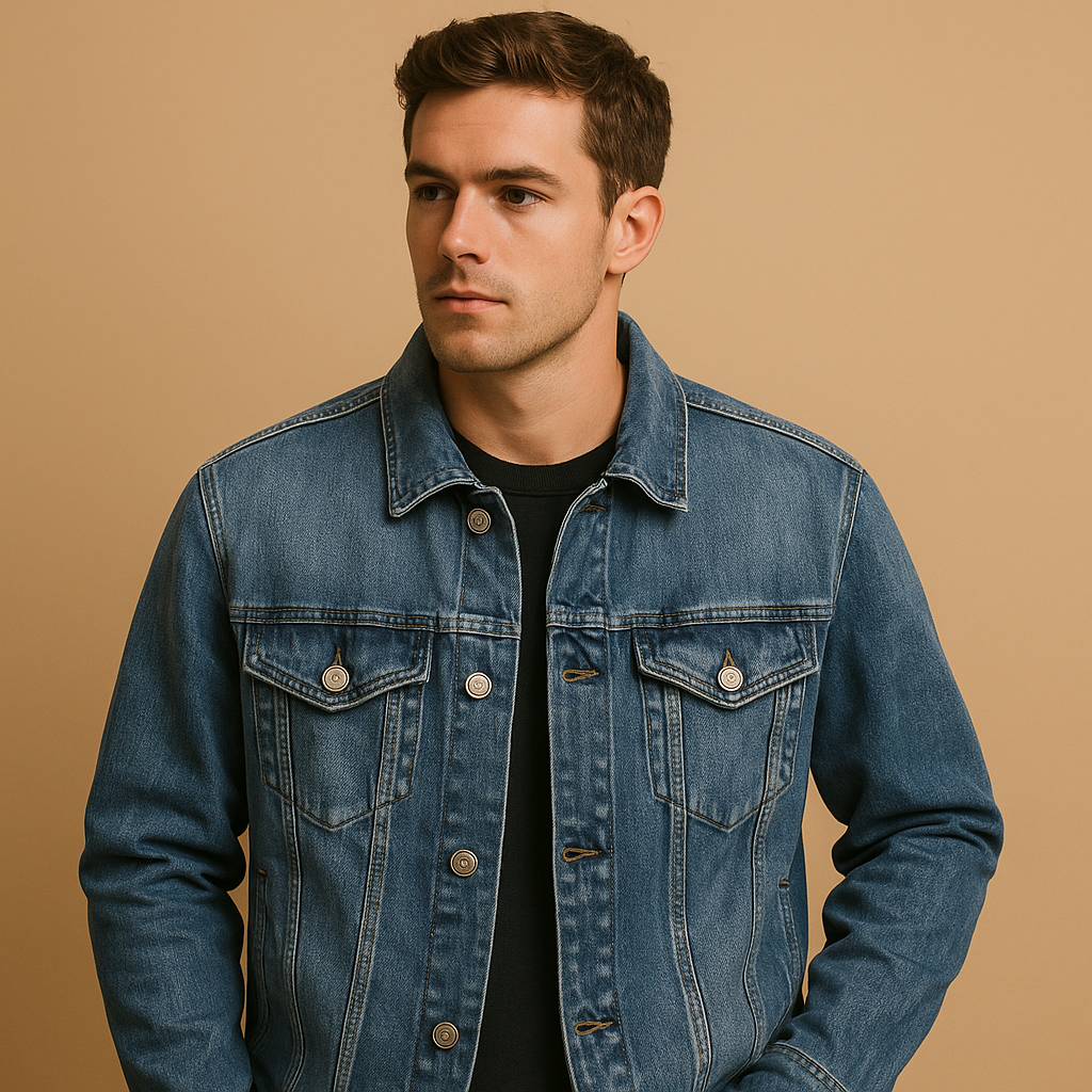 Men’s classic denim jacket in deep blue wash with timeless design and comfortable fit, perfect for casual outfits and everyday wear.