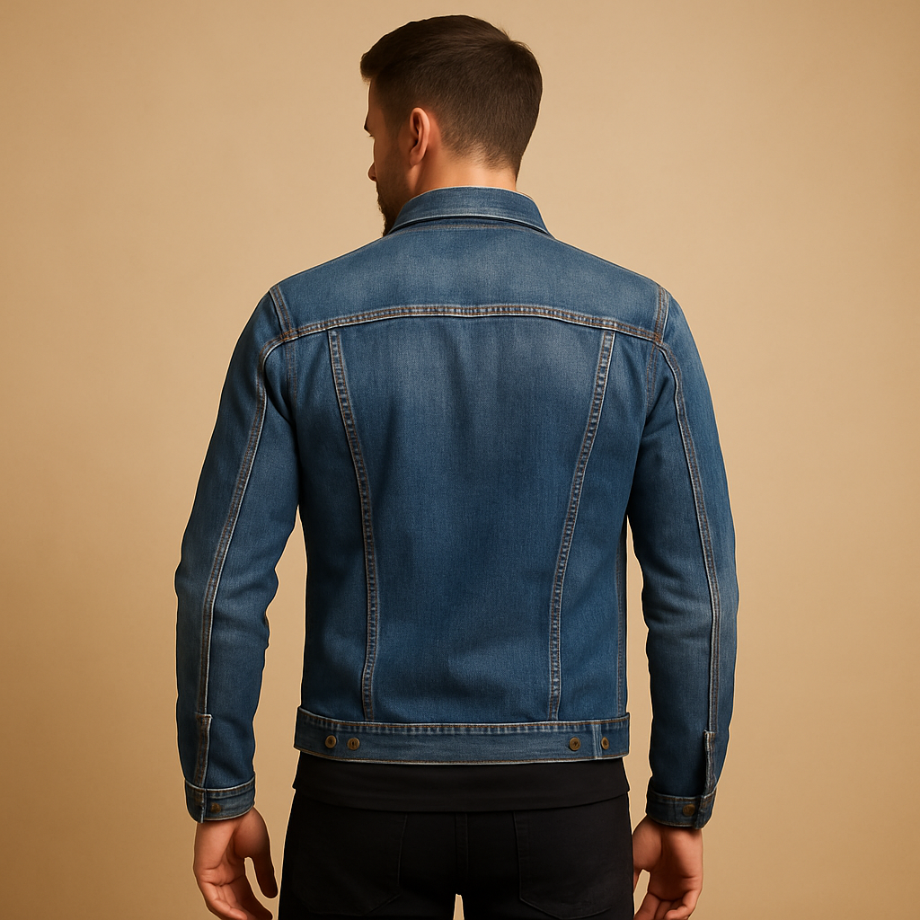 Men’s classic denim jacket in timeless blue with button closure and front pockets, perfect for daily wear and casual outfits.