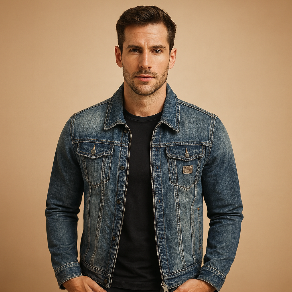 Men’s classic denim jacket in timeless blue with button closure and front pockets, perfect for daily wear and casual outfits.