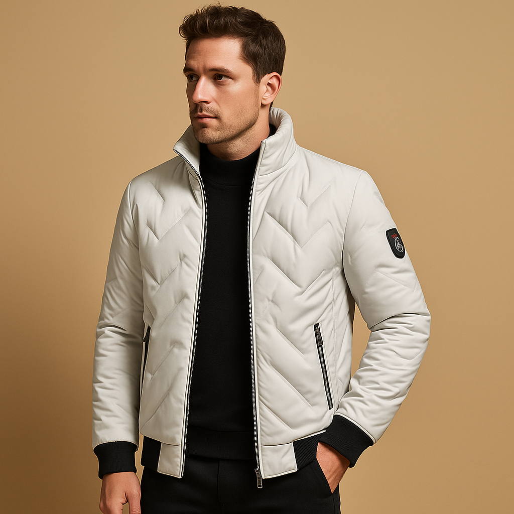 Men’s classic puffer jacket with quilted design, warm and wind-resistant, featuring practical pockets, available in black, gray, and dark blue.