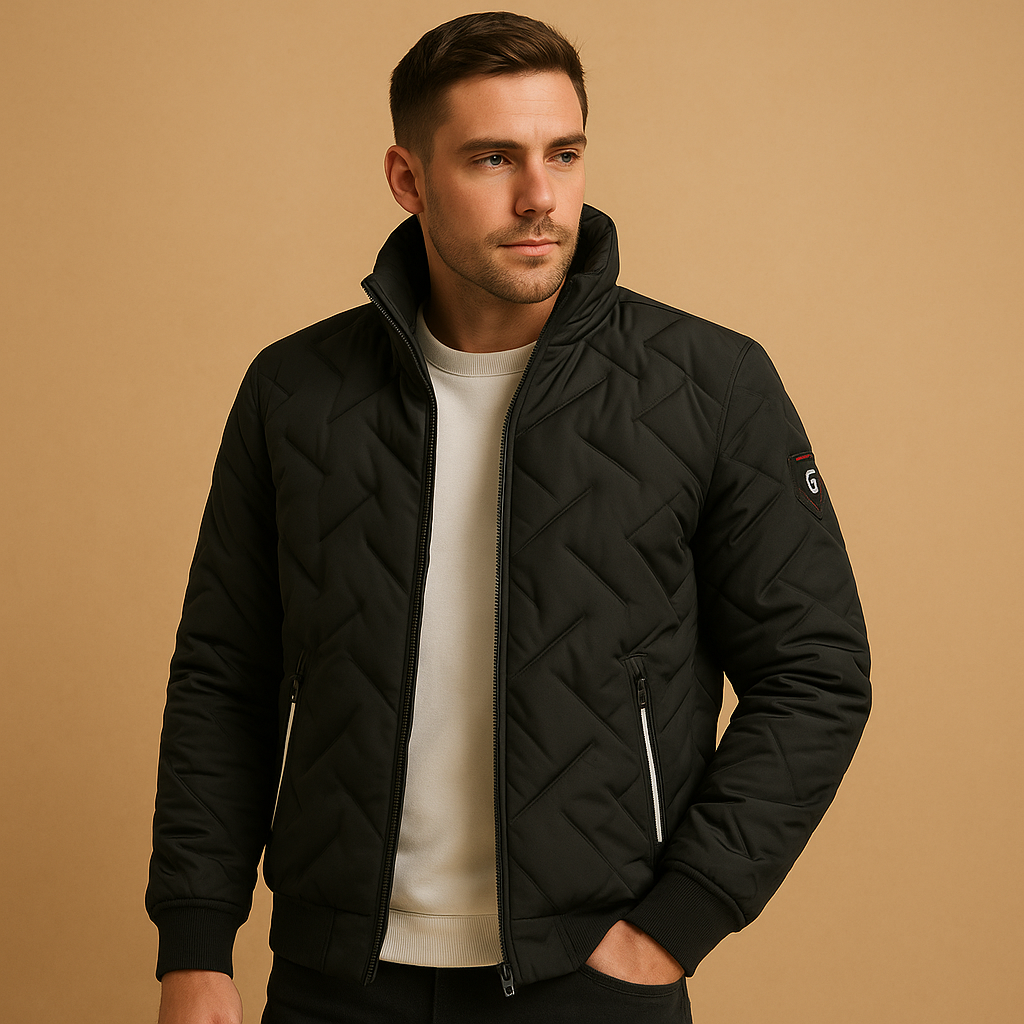 Men’s classic puffer jacket with quilted design, warm and wind-resistant, featuring practical pockets, available in black, gray, and dark blue.