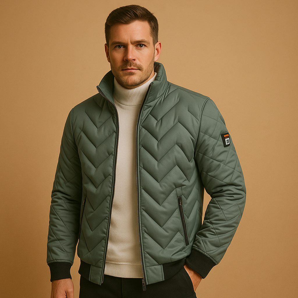 Men’s classic puffer jacket with quilted design, warm and wind-resistant, featuring practical pockets, available in black, gray, and dark blue.