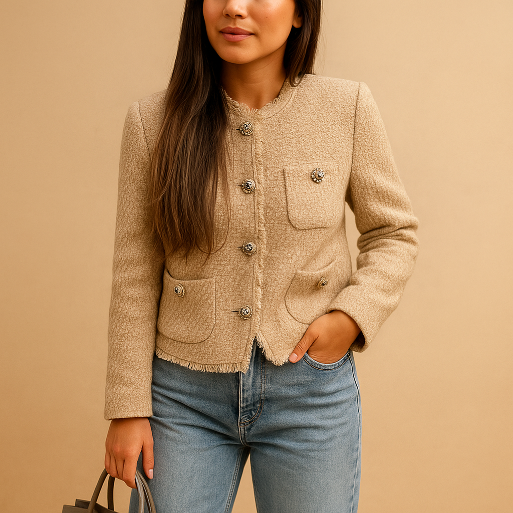 Women’s classic tweed blazer jacket with structured silhouette, button closure, and collar. Perfect for business outfits and casual chic looks.