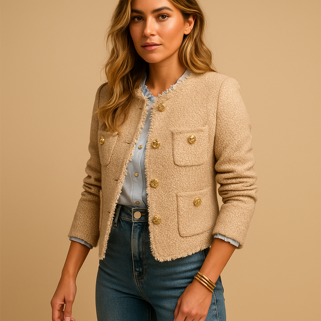 Women’s classic tweed blazer jacket with structured silhouette, button closure, and collar. Perfect for business outfits and casual chic looks.