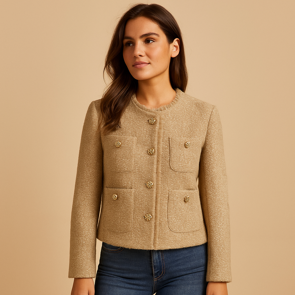 Women’s classic tweed blazer jacket with structured silhouette, button closure, and collar. Perfect for business outfits and casual chic looks.