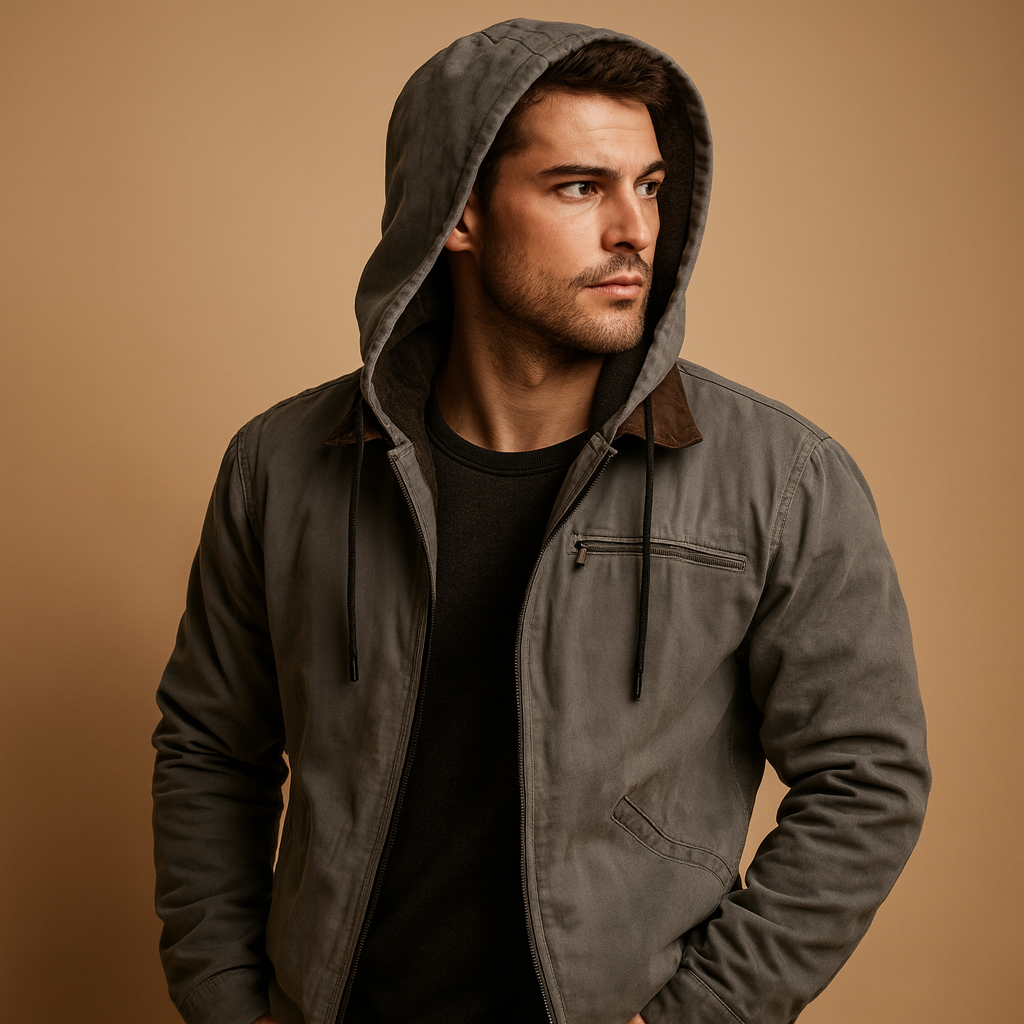 Men’s classic winter coat with hood, soft inner lining, and timeless design, perfect for cold days, work, and outdoor winter activities.