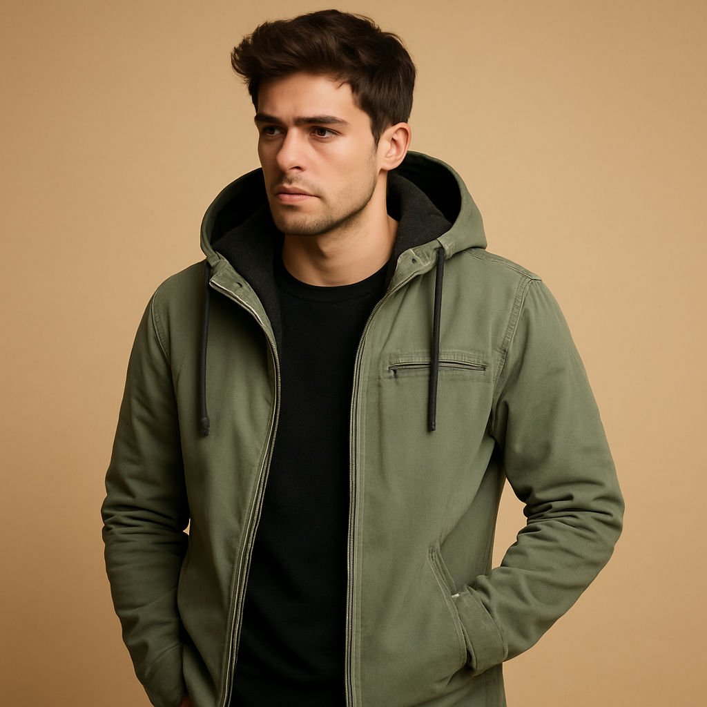 Men’s classic winter coat with hood, soft inner lining, and timeless design, perfect for cold days, work, and outdoor winter activities.