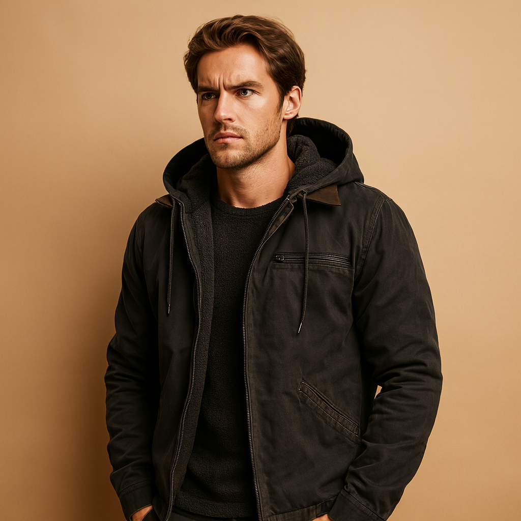 Men’s classic winter coat with hood, soft inner lining, and timeless design, perfect for cold days, work, and outdoor winter activities.