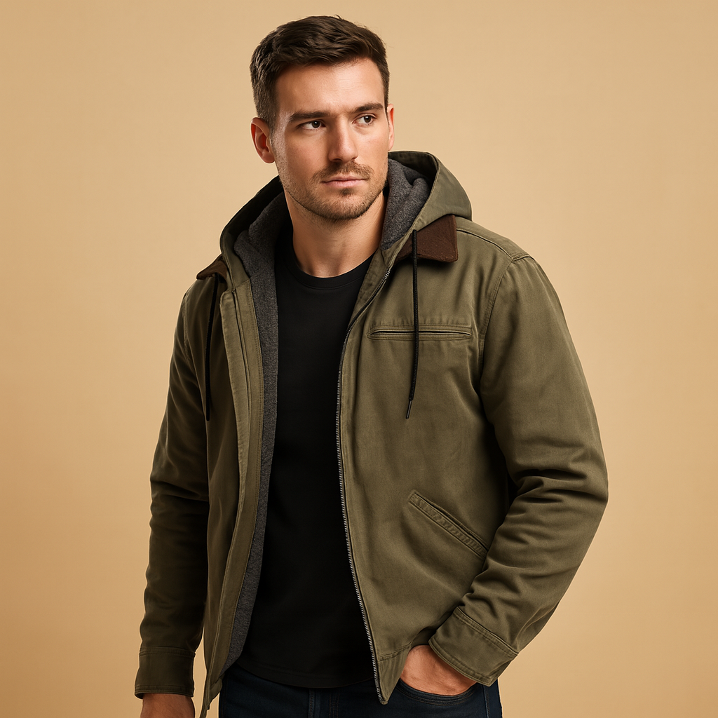 Men’s classic winter coat with hood, soft inner lining, and timeless design, perfect for cold days, work, and outdoor winter activities.