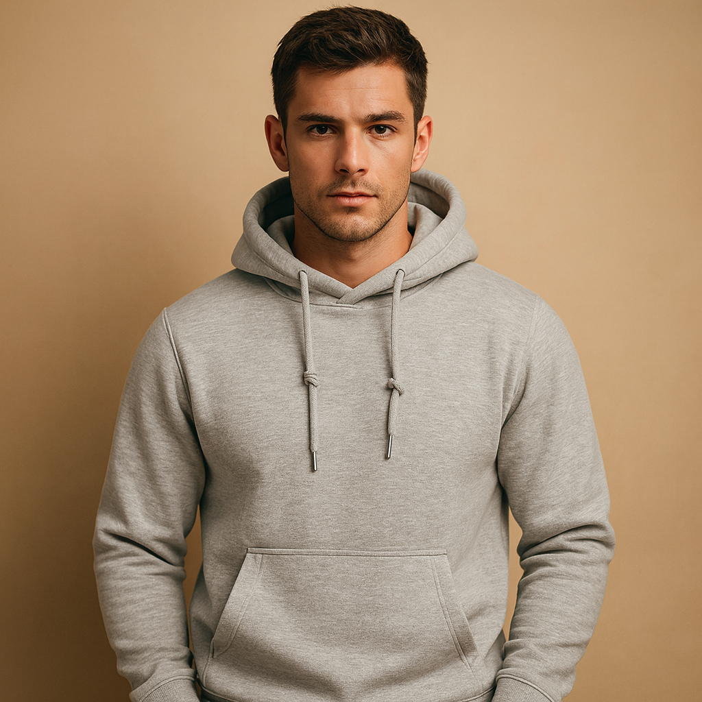 Men’s casual hoodie with drawstring hood and kangaroo pocket, ideal for daily wear, lounging, and all-season comfort.