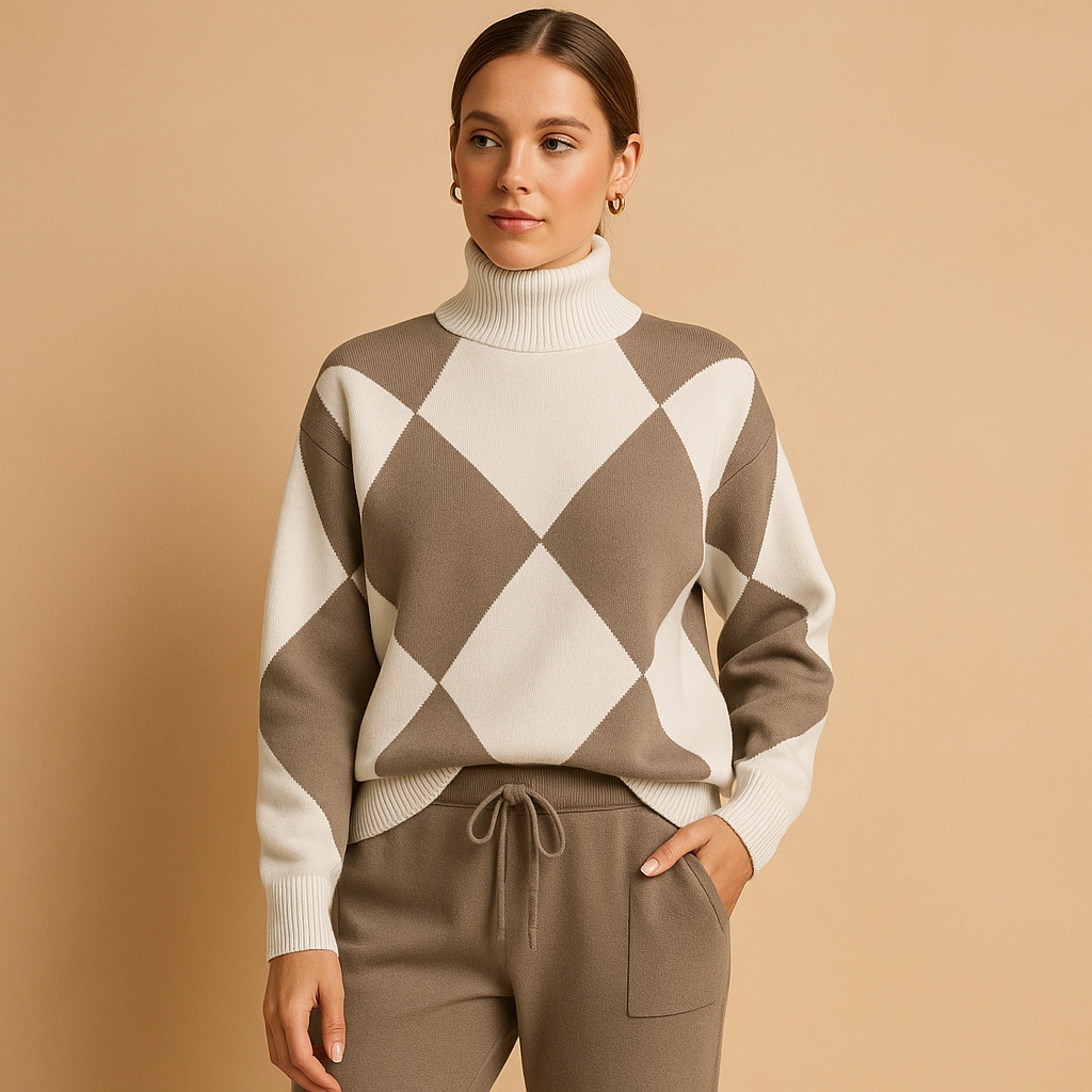 Comfortable women’s lounge set featuring a soft sweater and jogger pants, ideal for home wear or casual outings in a modern, minimalist style.