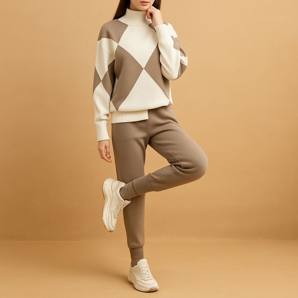 Comfortable women’s lounge set featuring a soft sweater and jogger pants, ideal for home wear or casual outings in a modern, minimalist style.
