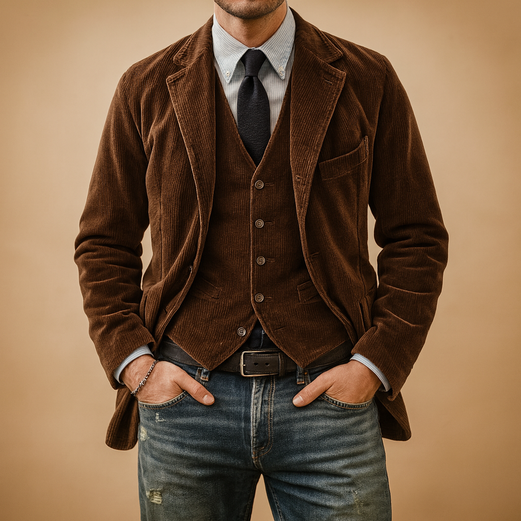 Men’s corduroy jacket with retro design and practical pockets, perfect for autumn and winter casual or formal outfits.