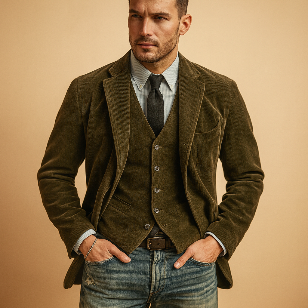 Men’s corduroy jacket with retro design and practical pockets, perfect for autumn and winter casual or formal outfits.