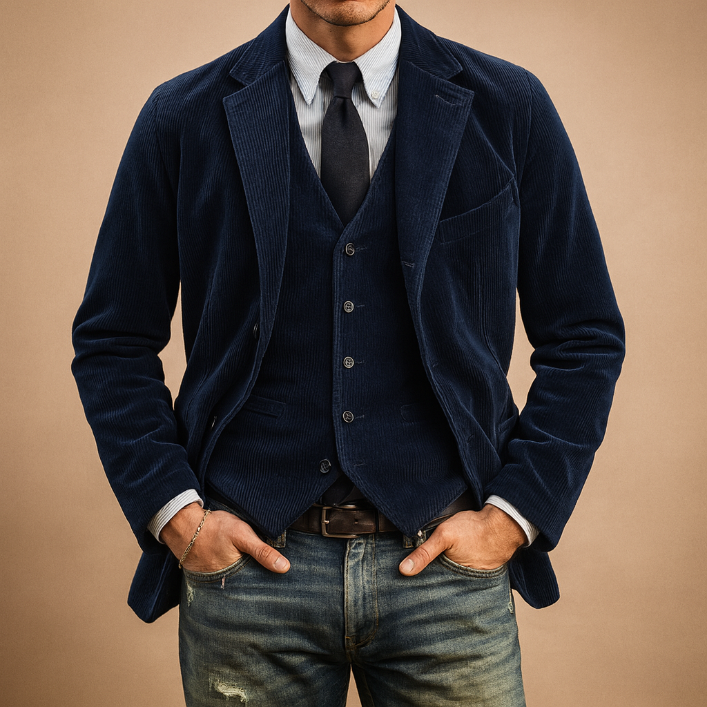 Men’s corduroy jacket with retro design and practical pockets, perfect for autumn and winter casual or formal outfits.