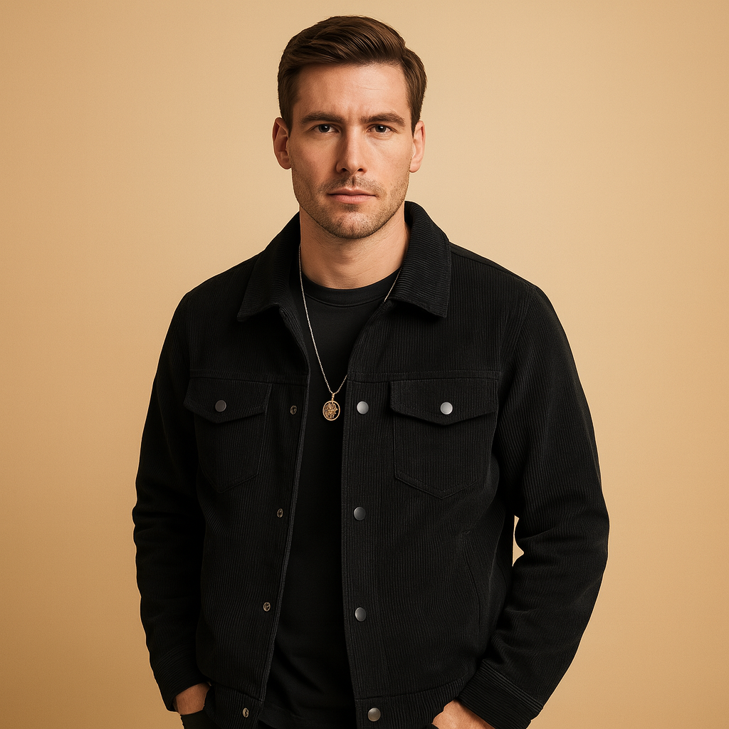 Men’s corduroy jacket with relaxed fit, timeless and versatile design, perfect for casual wear and multiple seasons.