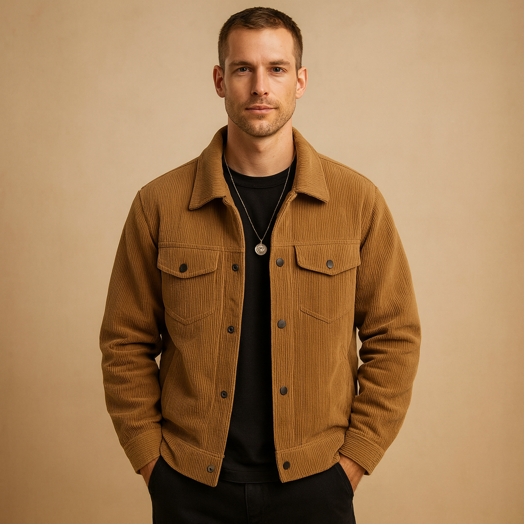 Men’s corduroy jacket with relaxed fit, timeless and versatile design, perfect for casual wear and multiple seasons.