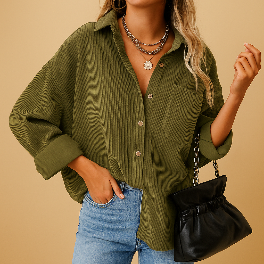 Women’s corduroy knitted jacket with ribbed details and relaxed fit. Perfect for layering in autumn, winter, spring, or cool summer evenings.