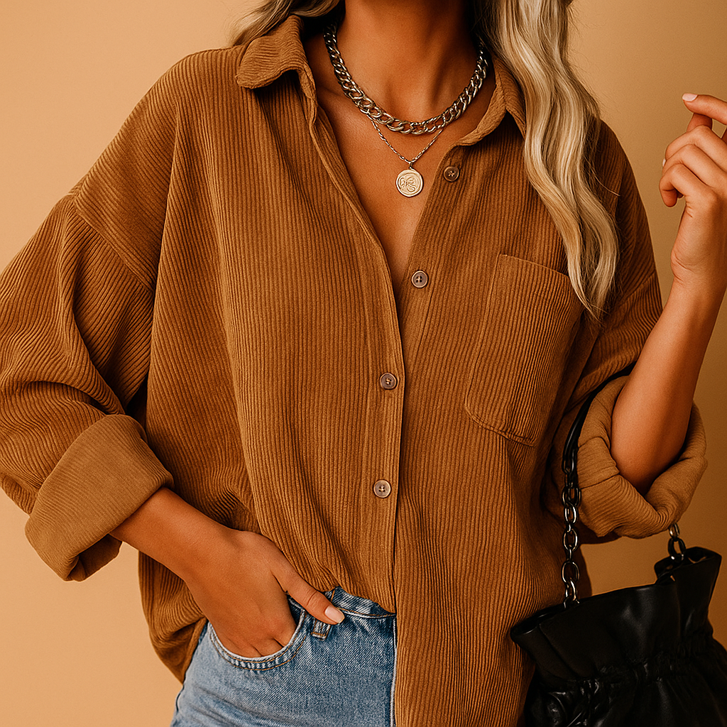 Women’s corduroy knitted jacket with ribbed details and relaxed fit. Perfect for layering in autumn, winter, spring, or cool summer evenings.