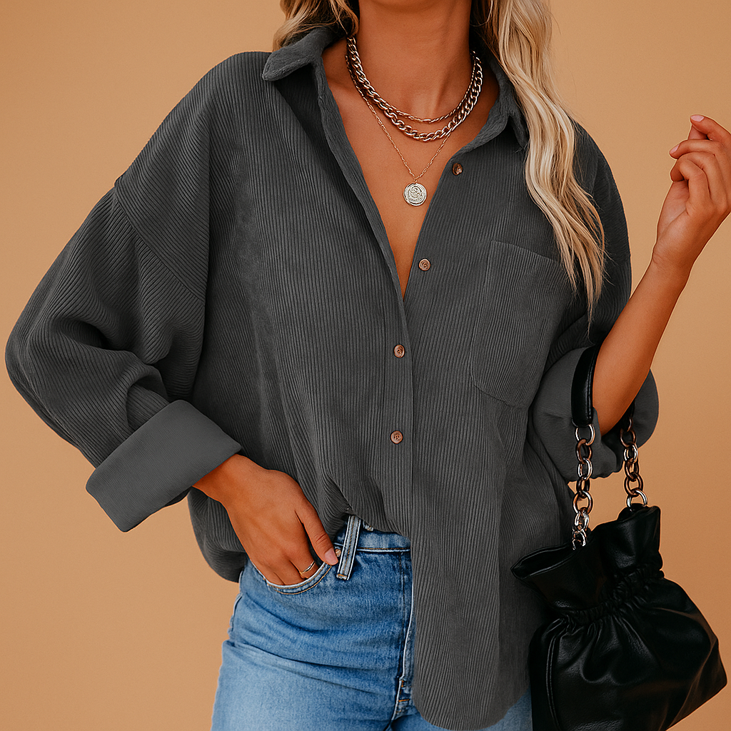 Women’s corduroy knitted jacket with ribbed details and relaxed fit. Perfect for layering in autumn, winter, spring, or cool summer evenings.
