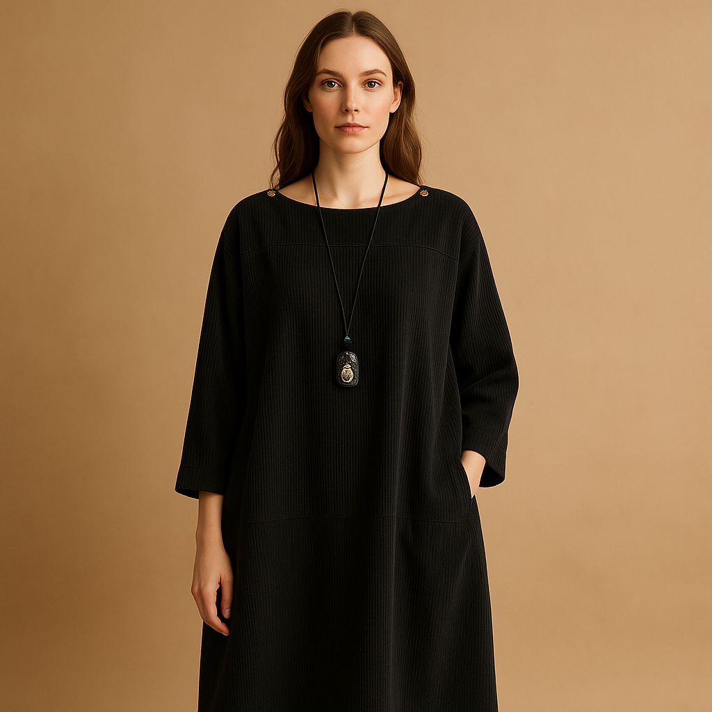 Corduroy summer dress for women named Elodie, featuring short sleeves, knee-length design, and a soft breathable texture ideal for warm casual days.