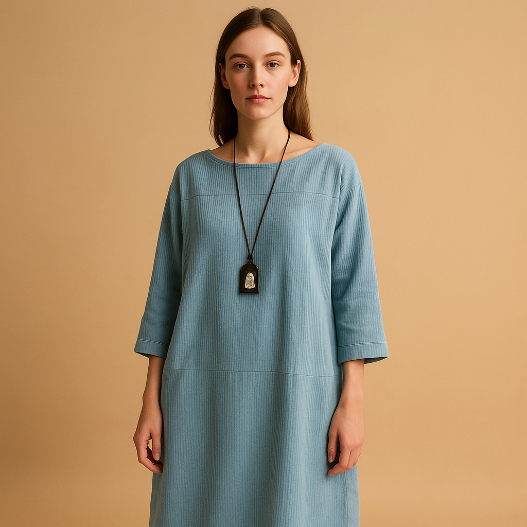 Corduroy summer dress for women named Elodie, featuring short sleeves, knee-length design, and a soft breathable texture ideal for warm casual days.