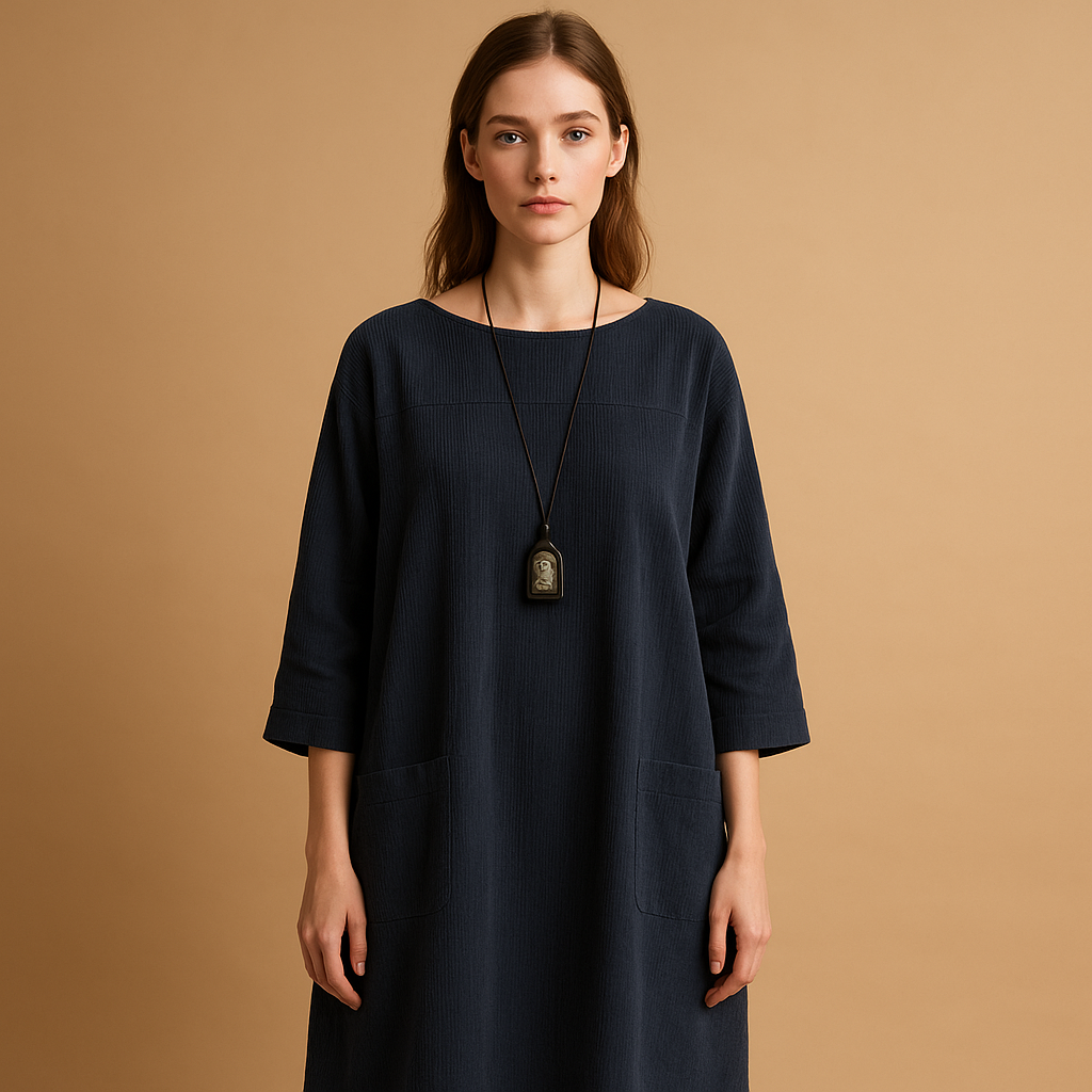 Corduroy summer dress for women named Elodie, featuring short sleeves, knee-length design, and a soft breathable texture ideal for warm casual days.