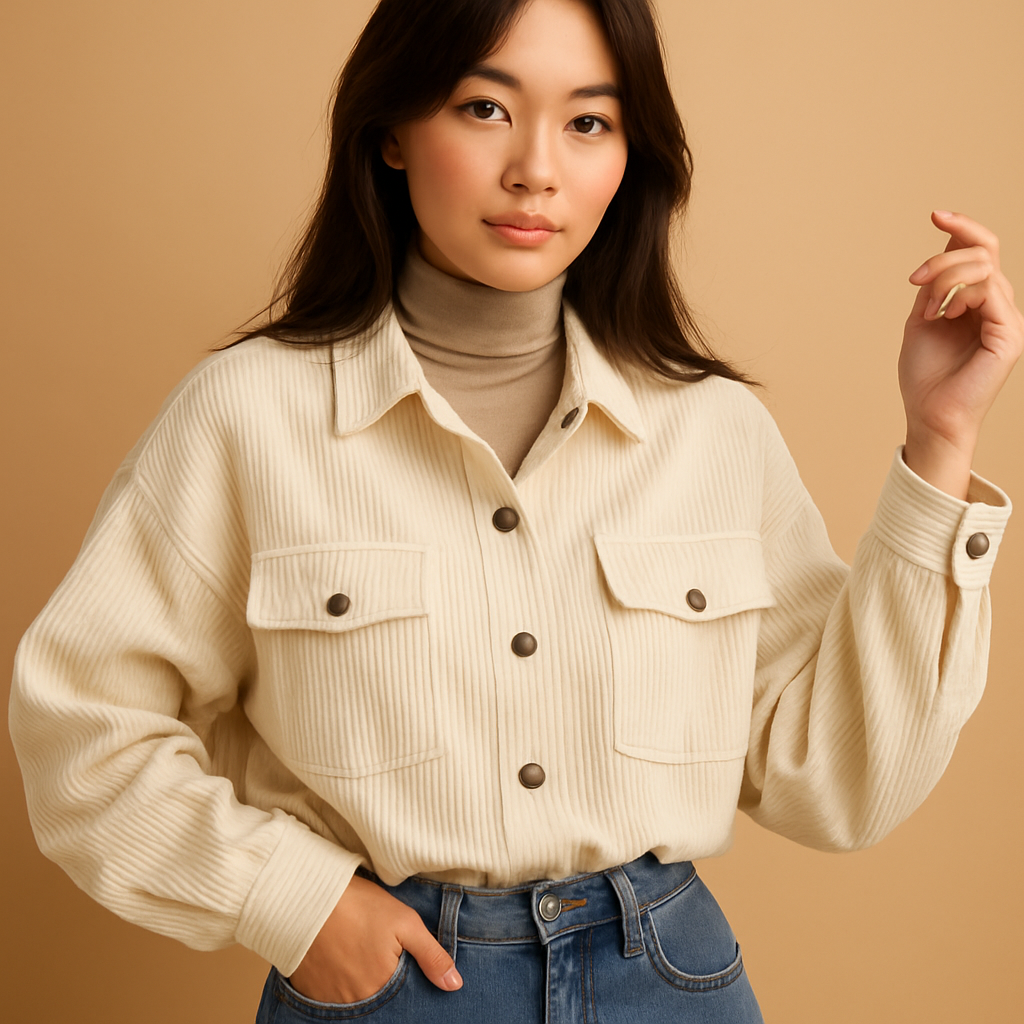 Women’s lightweight corduroy summer jacket with minimalist lines, ideal for warm days, casual outings, and stylish summer layering.