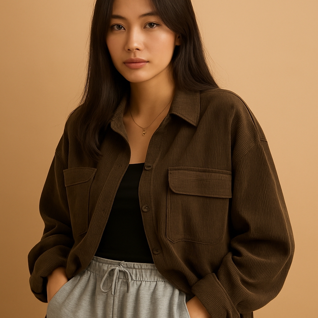 Women’s lightweight corduroy summer jacket with minimalist lines, ideal for warm days, casual outings, and stylish summer layering.