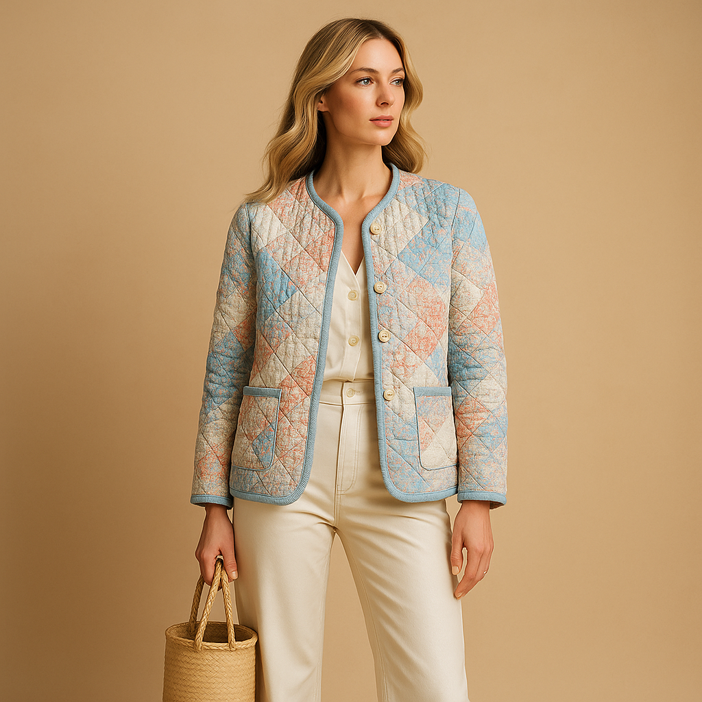 Cotton coat for women with slim fit, button details, and eye-catching prints, available in multicolor, pink beige, and pink blue.