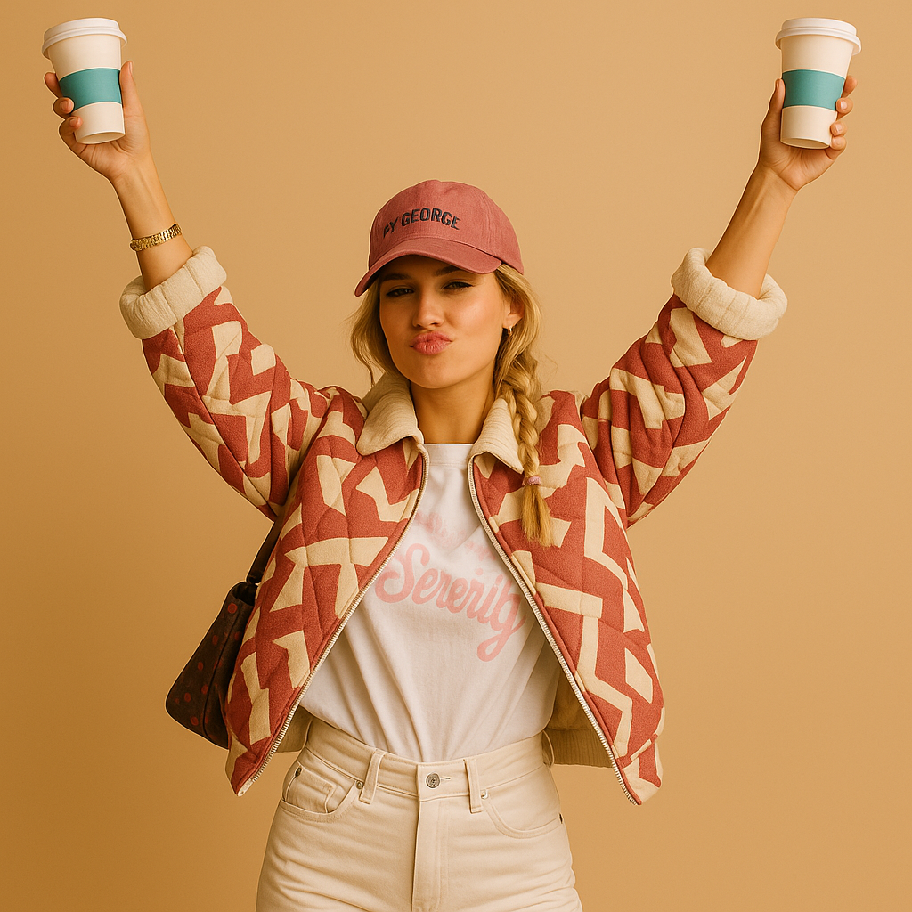 Cotton coat for women with slim fit, button details, and eye-catching prints, available in multicolor, pink beige, and pink blue.